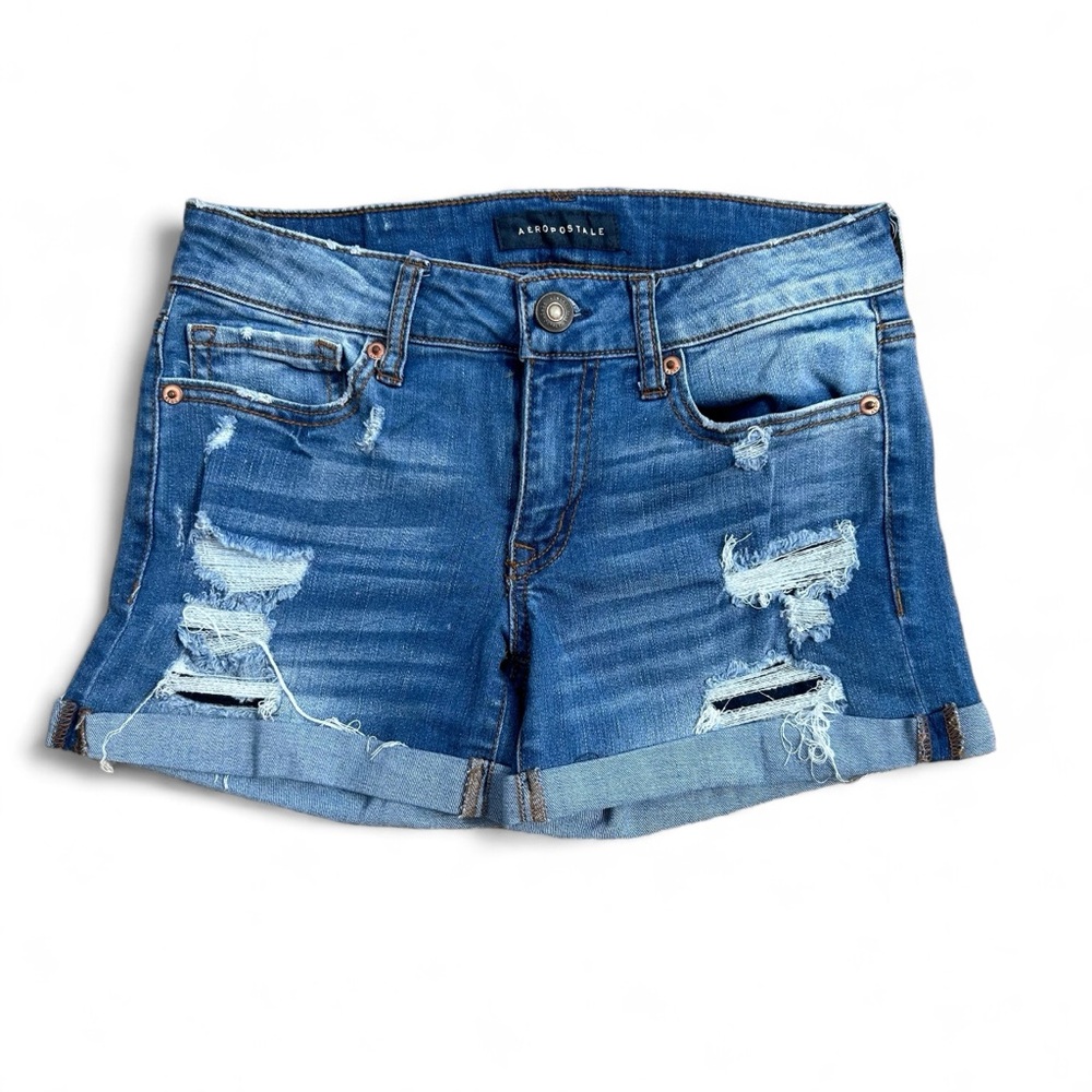 Aeropostale women’s midi jean denim distressed shorts size 0 stretch